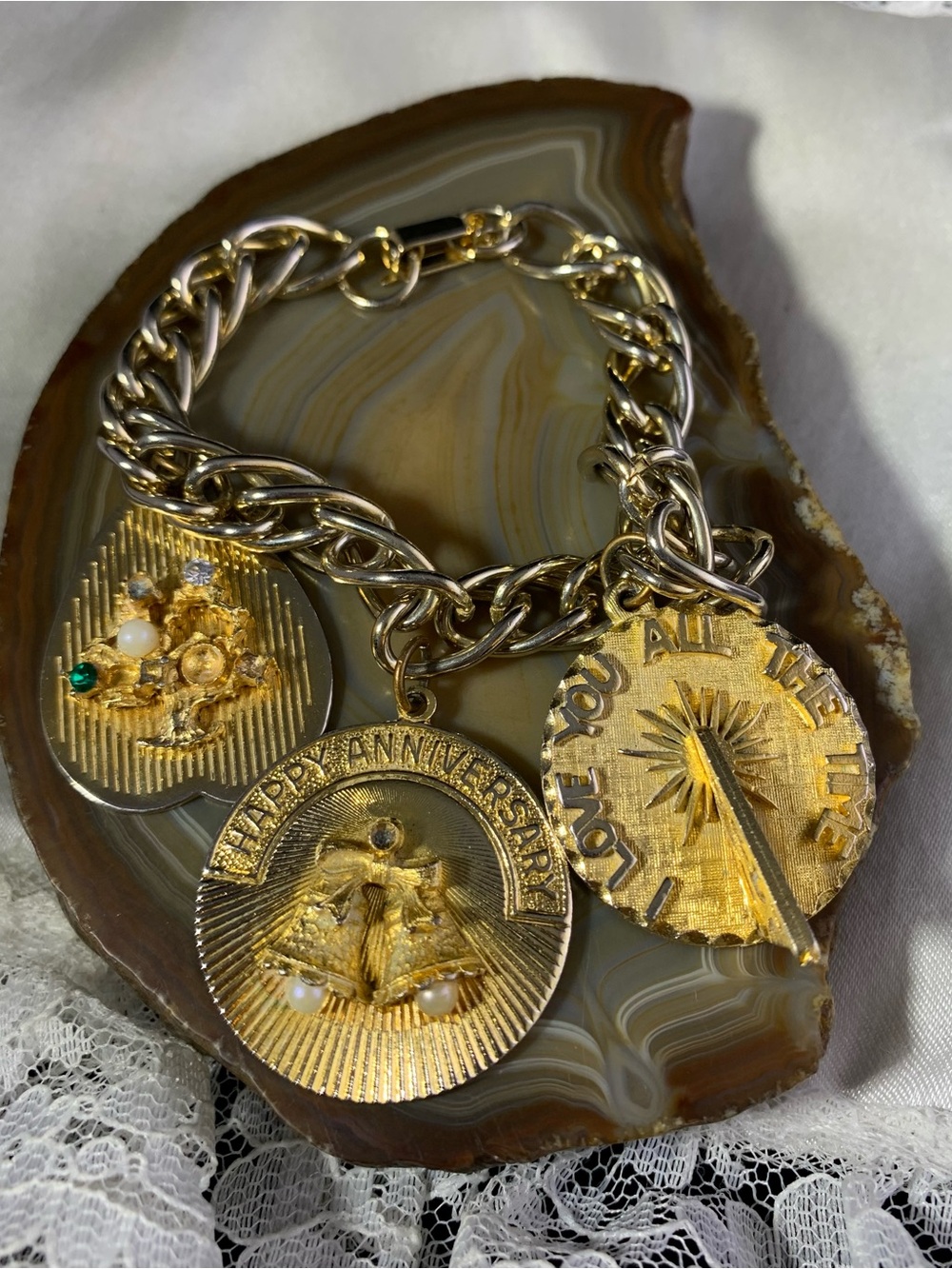 Gold-Tone Anniversary Charm Bracelet with Three Medallions1960's 7" Charm